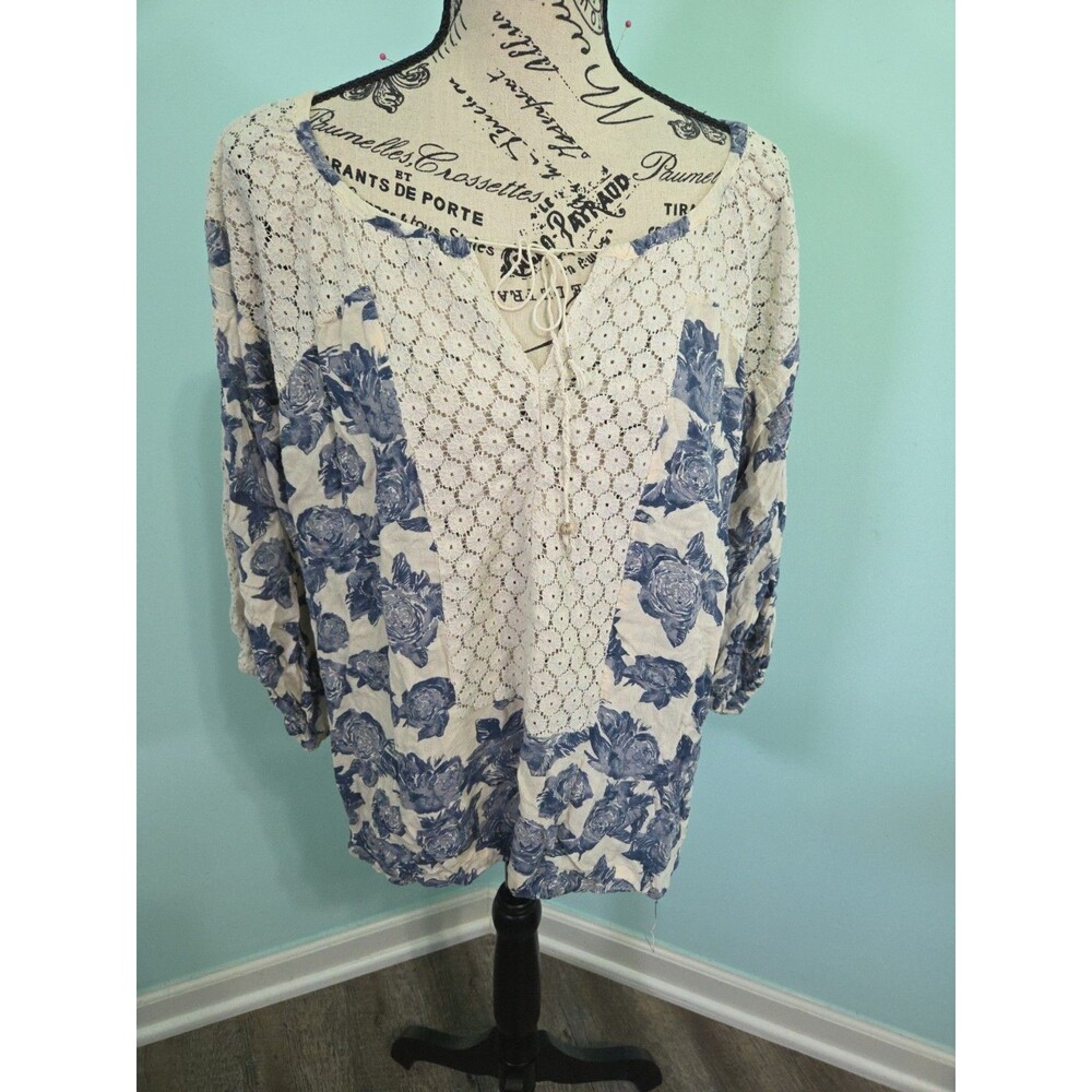 Free People Moon River Floral Lace 3/4 Sleeve Peasant Blouse Blue White medium